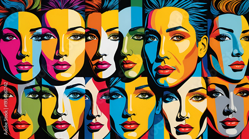 Multiple aspects of a personality depicted as fragmented faces, abstract, pop art, vibrant colors, expressive and dynamic
