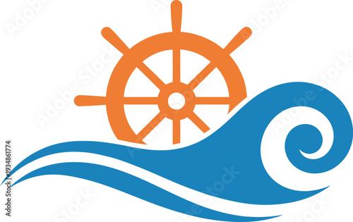 Orange ship wheel on blue wave isolated on white background for nautical concepts