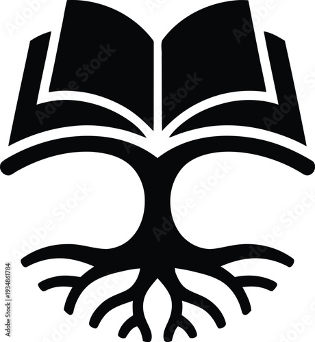 Open book with tree roots growing out of it symbolizing knowledge and growth