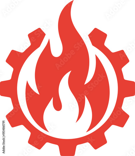 Red flame icon inside a gear cog wheel symbol isolated on white background