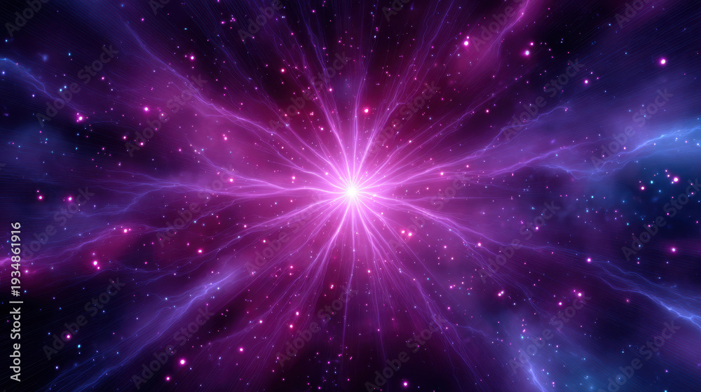 Obraz premium Radiant purple starburst in cosmic nebula with glowing fog and scattered stars, luminous center emitting light rays and misty gas clouds, ethereal deep space scene