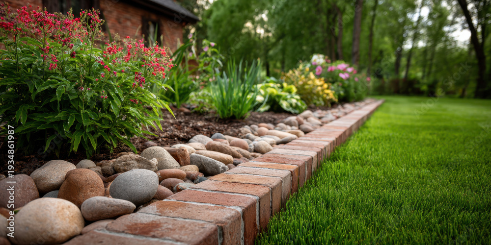 Obraz premium Beautiful flower bed with red and pink blooms, green foliage, river rock mulch and neat brick edging beside manicured lawn in shaded garden setting