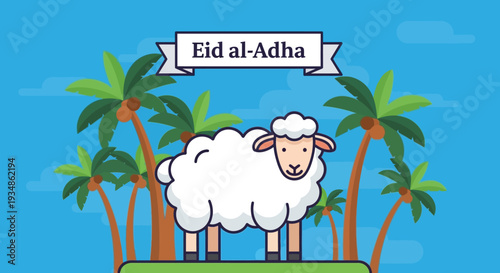 Cartoon Sheep Standing Near Palm Trees.