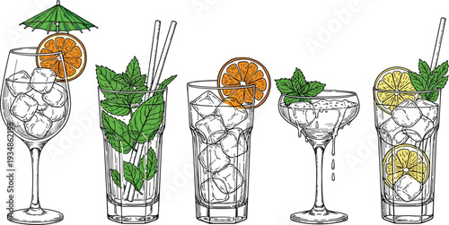  Refreshing Summer Cocktail Drinks Collection with Mint Citrus Ice and Straws Hand Drawn Vector Illustration