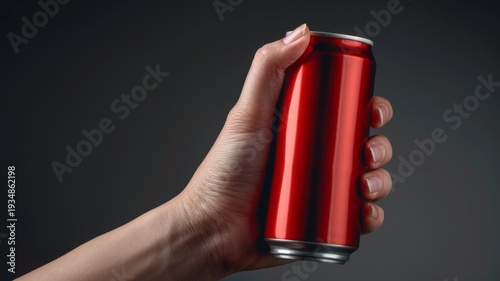 Hand holding a sleek red aluminum can of beverage, ideal for energy drinks, soda, or product mockups.