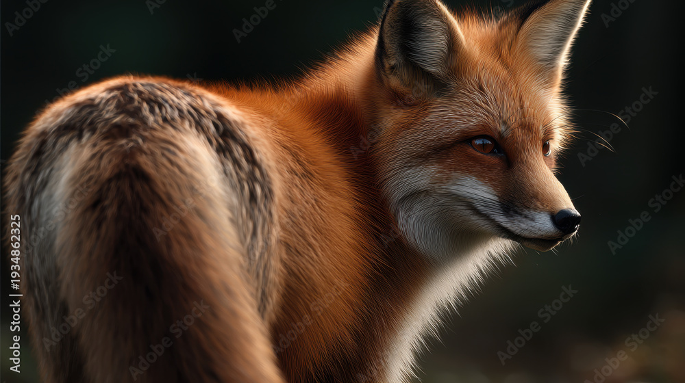 Naklejka premium Detailed red fox with intricate fur pattern and alert expression in soft forest light, showing back view and face profile with warm orange coat and fluffy tail