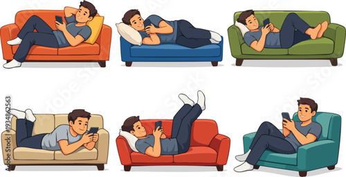 Vector illustration set of man relaxing on colorful sofas using smartphone in polygonal flat style on white background for lifestyle app design home comfort concepts and digital detox content