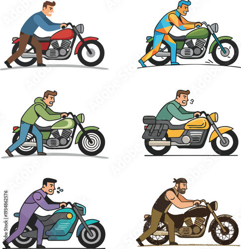 Set of Flat and Polygonal Vector Icons of Men Pushing Broken Motorcycles on White Background for Automotive Repair Service Content and Roadside Assistance Insurance Promotion