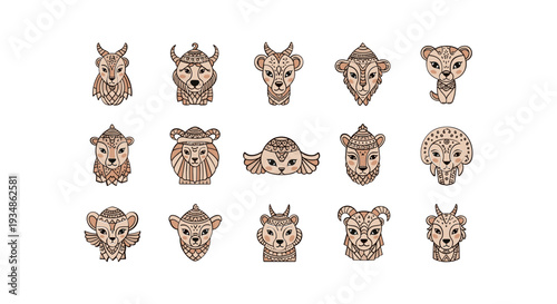 Collection of cartoon animal faces with different expressions.