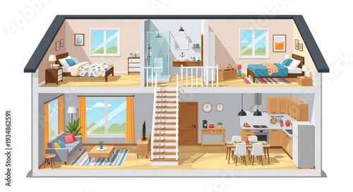 Detailed cross section of a modern two story house with furnished rooms and staircase showcasing interior design and architecture