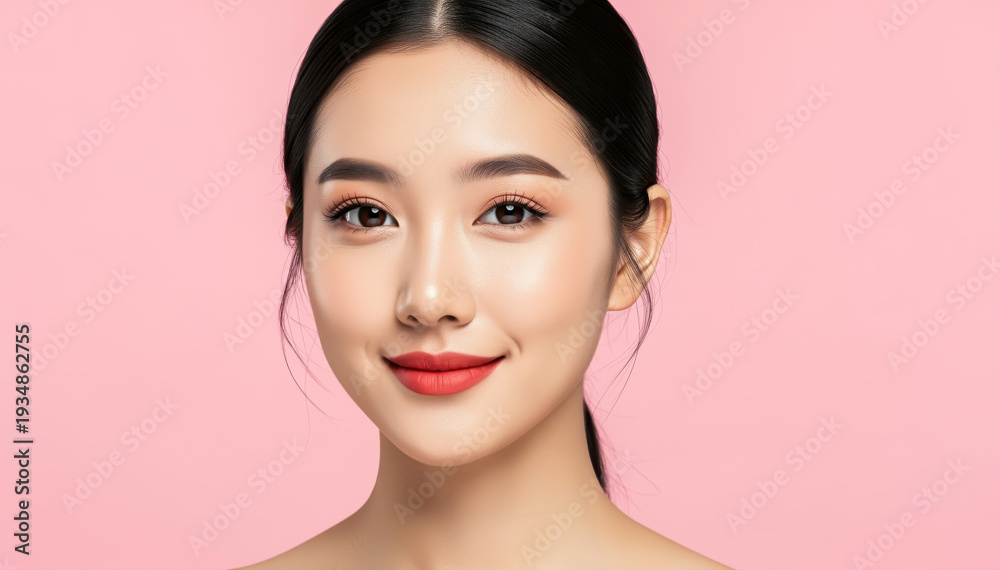 Fototapeta premium Serene Radiance: Captivating portrait of an Asian woman showcasing flawless skin and a genuine smile, embodying the essence of natural beauty.
