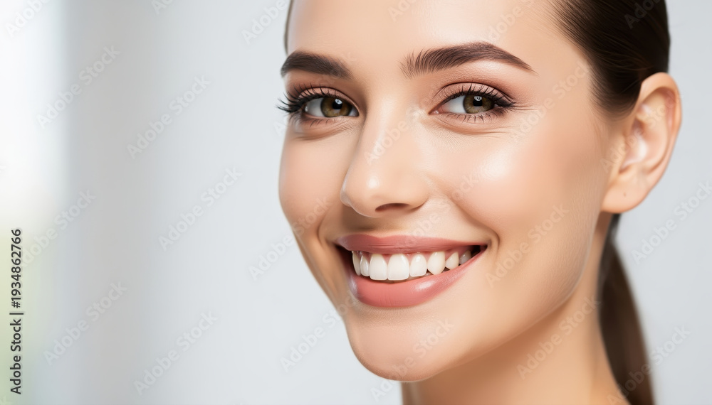 Obraz premium Radiant Beauty: A close-up portrait of a woman exudes confidence with a radiant smile, capturing a moment of pure and genuine happiness.
