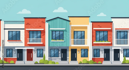Row of colorful modern townhouses with balconies and greenery against a serene blue sky with clouds