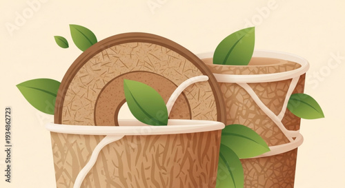 Eco friendly wooden plant pots with green leaves and natural texture sustainable gardening concept earthy home decor botanical illustrations