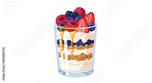 Delicious layered dessert in glass cup with fresh berries and caramel sauce sweet treat vibrant colors transparent glass crunchy topping