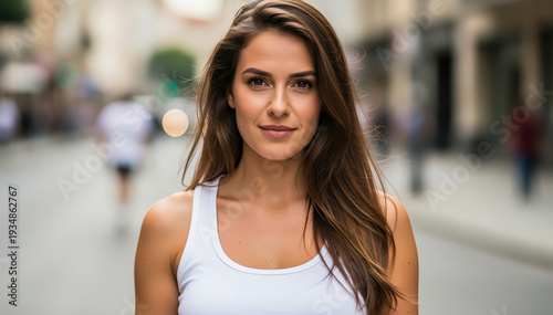 Poised Portrait in Urban Tapestry: A captivating woman stands confidently in a vibrant city, her serene gaze reflecting the dynamic energy around her. Free Download Poised Portrait in Urban Tapestry: A captivating woman stands confidently in a vibrant city, her serene gaze reflecting the dynamic energy around her. - GFXLoad