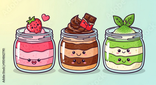 Three layered desserts in jars with smiling faces topped with strawberry chocolate and green decoration pastel background