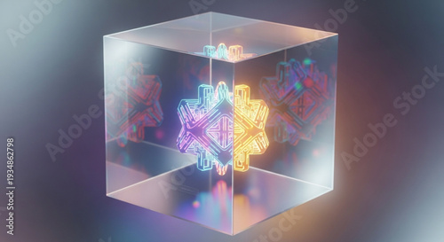Geometric puzzle pieces in a transparent cube with neon lighting and reflections on a dark background symbolizing complexity and innovation