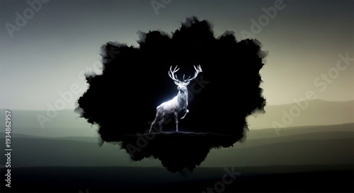 Majestic white stag with large antlers standing in misty cloud against serene landscape background at dusk with soft lighting