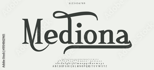 Mediona Elegant alphabet letters serif font logo and number. Classic Luxury Minimal Wedding logos. Typography fonts regular uppercase, lowercase. vector illustration
