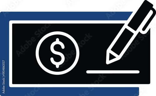 Black check with dollar sign and pencil on blue background