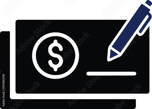 Black check with white dollar sign and blue pen