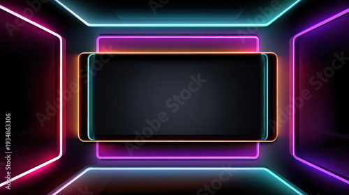 Neon glowing rectangular frames and glossy black panel create futuristic abstract interior with vibrant magenta, cyan and orange lighting and reflective surfaces conveying energetic mood