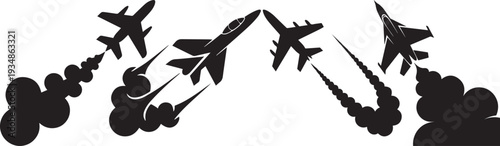 Fighter jet silhouettes in military air show formation with smoke trails on white background.
