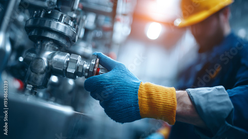 An industrial refrigeration technician checking ammonia valve assembly. Concept of cold storage facility maintenance.