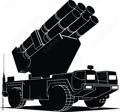 Mobile military missile launcher vehicle silhouette isolated on a plain white background.