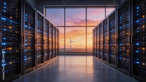 Modern data center server room with glowing racks and large windows overlooking wind turbines at sunset — sustainable cloud computing and green energy concept