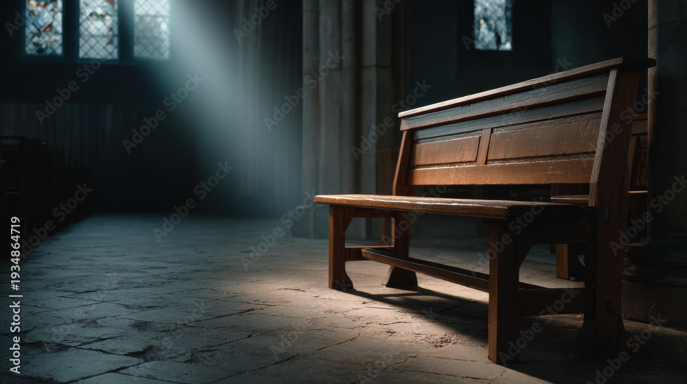 custom made wallpaper toronto digitalSolitary wooden pew bathed in soft cathedral light with dust motes visible, empty seating evoking quiet reflection and solemn atmosphere inside historic stone interior