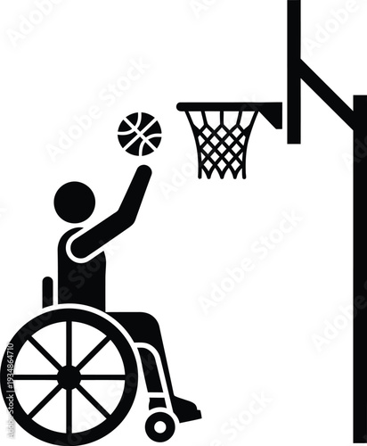 Wheelchair basketball player shooting ball into hoop silhouette icon