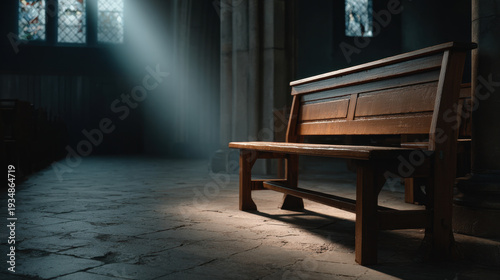 Wallpaper Mural Solitary wooden pew bathed in soft cathedral light with dust motes visible, empty seating evoking quiet reflection and solemn atmosphere inside historic stone interior Torontodigital.ca