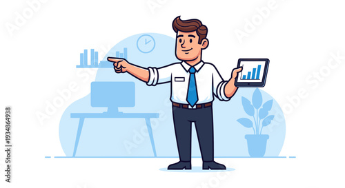 Businessman holding tablet and pointing forward.