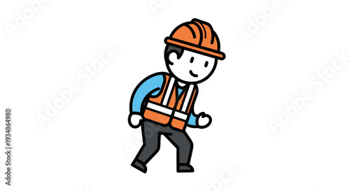 Cartoon Construction Worker Walking with Tool.