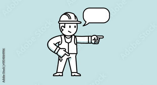 Cartoon Construction Worker Pointing Gesture Out.