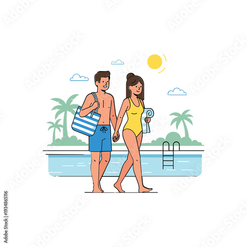 Couple Walking by Swimming Pool on Vacation.