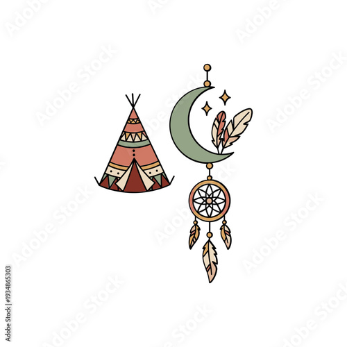 Dreamcatcher and Teepee Symbolizing Native American Culture.