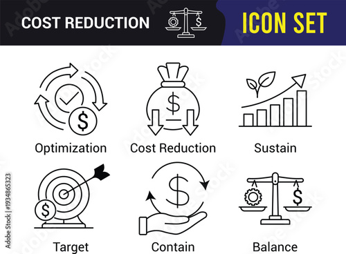 A set of six black and white cost reduction icons