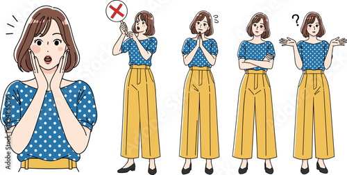 Young woman showing different emotions including approval and confusion gestures, communication concept illustration isolated on white background design
