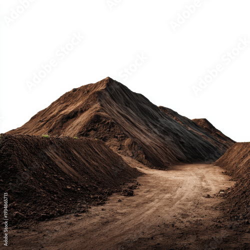 Large dirt berm and winding dirt road curving between tall mounds of excavated soil bright sky, textured earth layers and rugged construction landscape with subtle green sprout and dramatic light