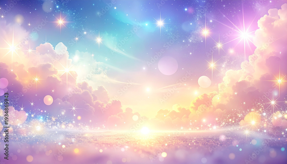 Fototapeta premium 雲と星がきらめくパステルパープルのファンタジー空背景
