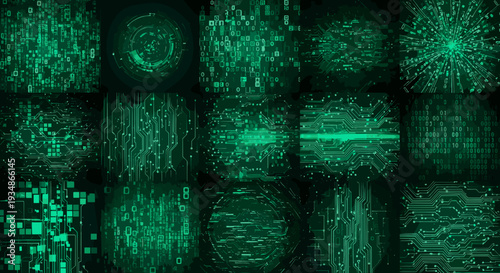 Digital abstract background with glowing green technology elements