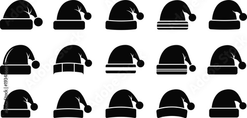 Collection of Santa Claus hat silhouettes isolated on white background Christmas holiday vector set