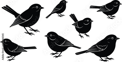 Cute bird silhouette set small songbird collection vector illustration isolated on white background