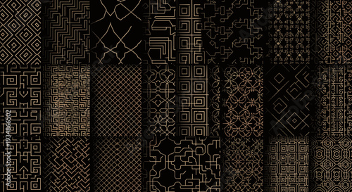 Collection of diverse geometric and textured patterns in dark tones