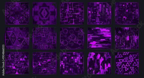 Collection of digital abstract patterns with glowing purple effects