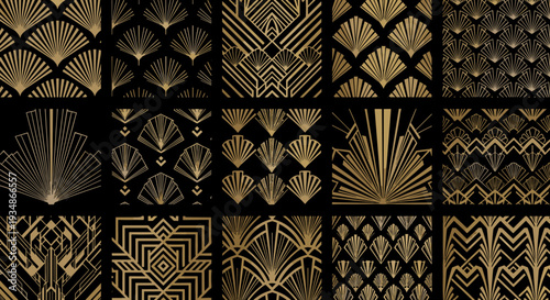 Collection of intricate gold geometric patterns on dark background