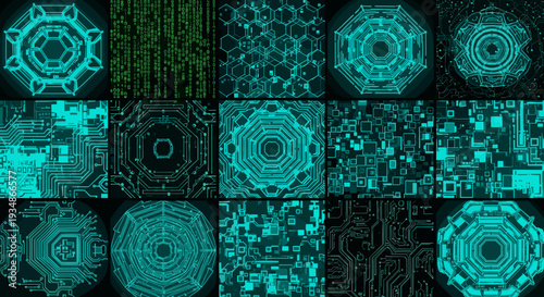 Collection of digital futuristic geometric abstract patterns in teal